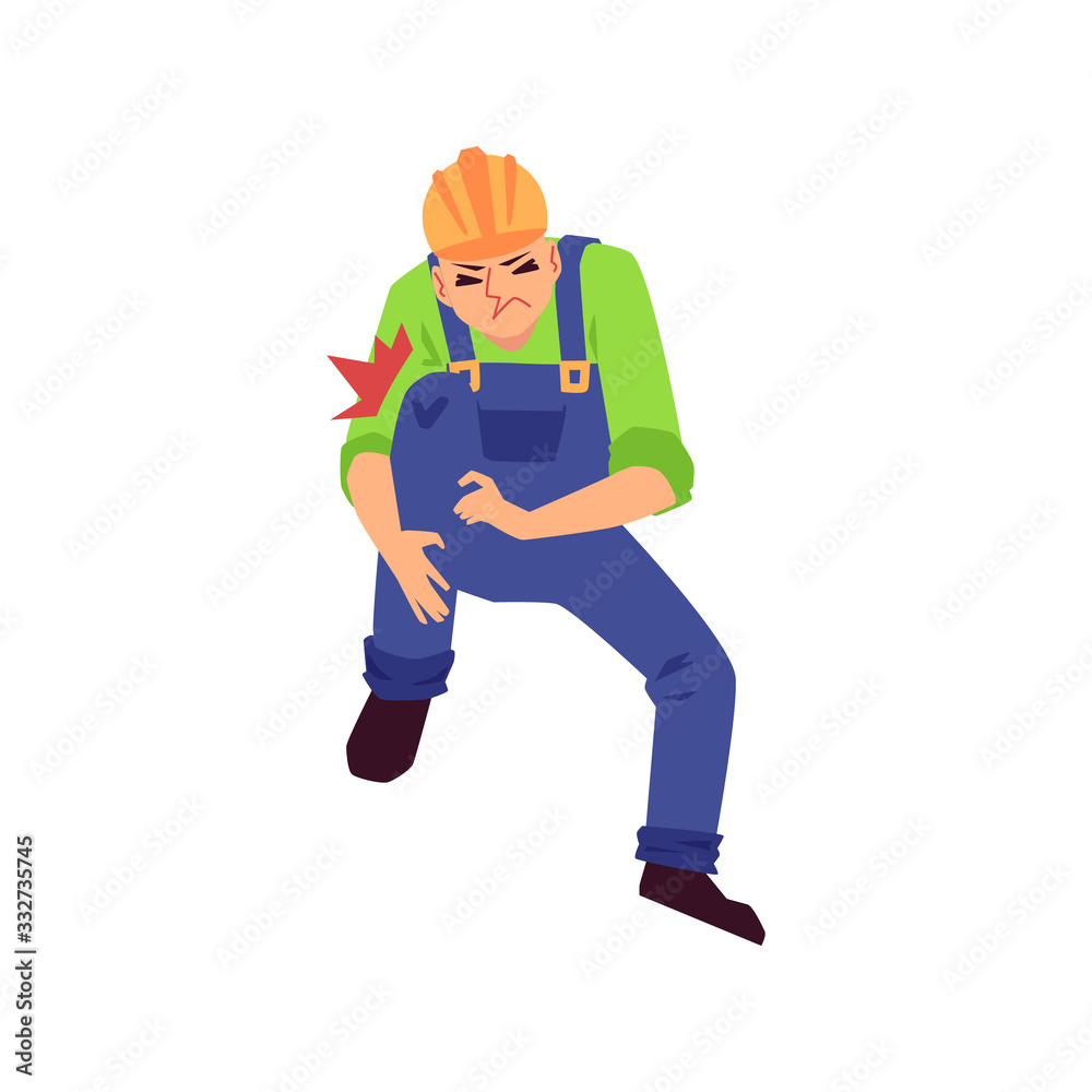 Injured construction worker with broken leg flat vector illustration isolated. Injured construction worker with broken leg flat vector illustration isolated.