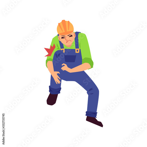 Injured construction worker with broken leg flat vector illustration isolated.