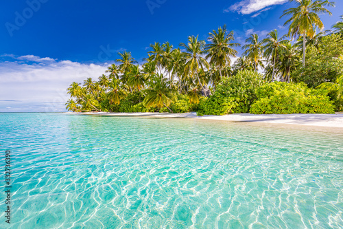 Summer beach landscape. Tropical island view, palm trees and amazing blue sea. Amazing beach scenery, white sand, exotic travel destination. Maldives beach landscape, idyllic landscape