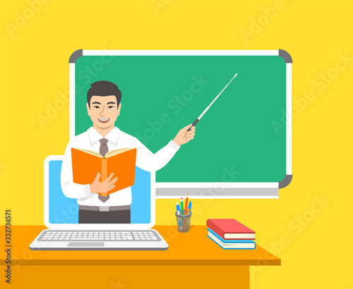 Online education concept. Home education during quarantine. Distance learning by computer. Asian man teacher in virtual class holds open book and points to a blackboard. Cartoon vector illustration