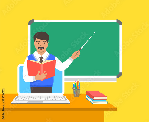 Online education concept. Home education during quarantine. Distance learning by computer. Indian man teacher in virtual class holds open book and points to a blackboard. Cartoon vector illustration