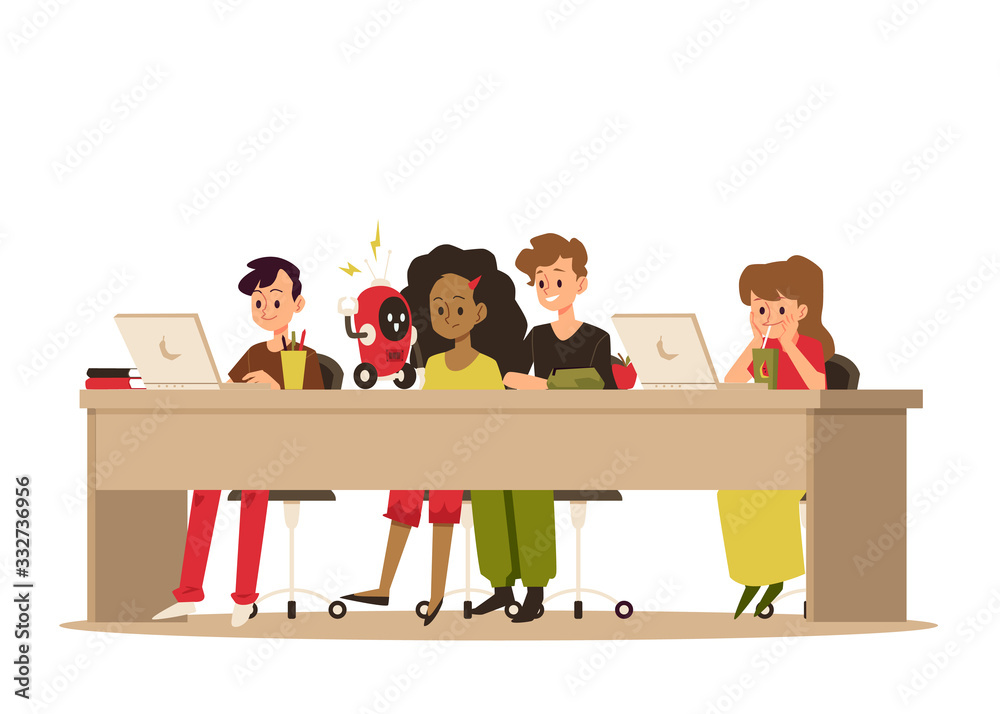 Children and teens of different races sit at a table and study online using a laptop. Children and teens of different races sit at a table and study online using a laptop.