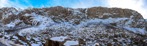 Panoramic view of Gloppedalsura geopark tourist landmark with natural quarry of house size rocks covered by snow near Byrkjedal, Norway, March 2018 photo