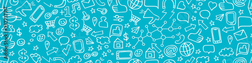 Seamless horizontal border with hand drawn social media elements on blue background. Internet technology print. Vector illustration.