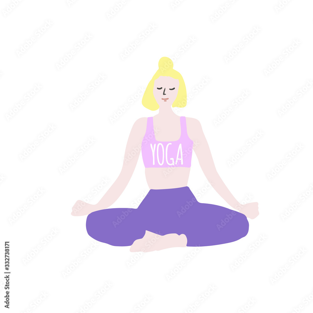 Girl doing yoga cartoon style isolated on white background