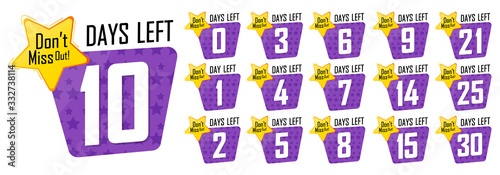 Set countdown tags, number days left banners design template, vector illustration