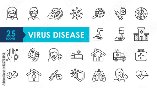 Coronavirus line icon set for infographic or website. Included icons as virus, ncov-2019, contagious, contagion, infection, surgical mask, hand washing, pneumonia, ambulance, hospital, vaccine.