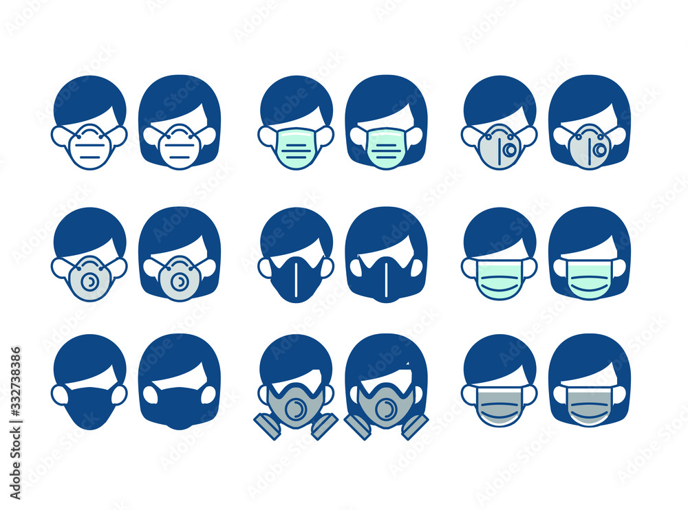 Set of Safety breathing mask on man and woman face vector have various