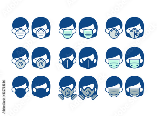 Set of Safety breathing mask on man and woman face vector have various type of mask n95 medical carbon surgical paper gas mask for prevent covid-19 coronavirus dust pm2.5  pollution toxic chemi gas 