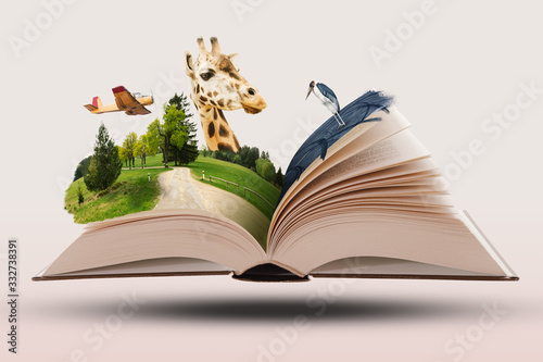Open Novel Book with Animals and Landscapes