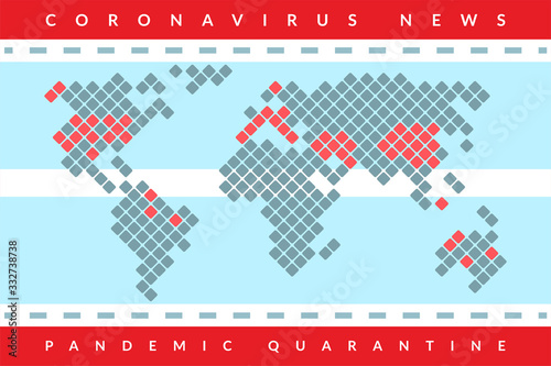 Covid-19 conceptual world map. Vector caution pandemic dotted map on antiviral mask background