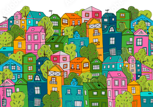 green town happy place with many small houses and trees, cartoon vector illustration 