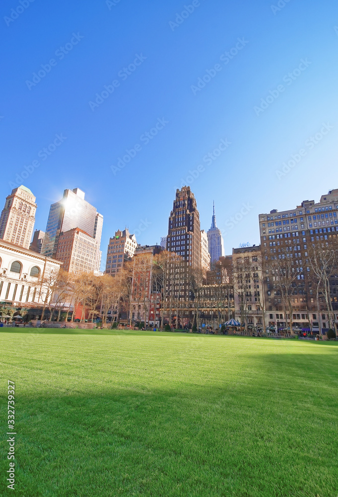 Green Lawn and Skyline with Skyscrapers in Bryant Park