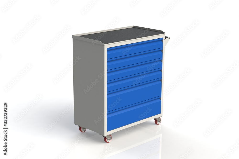 Metal tool on wheels with drawers. A convenient place for