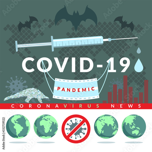 Covid-19. Vector infographics illustration of global news about coronavirus pandemic with antiviral mask, bats, syringe and map of infected area