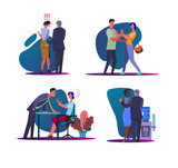 Harassment and abuse set. Male boss touching female employee, man assaulting on woman. Flat illustrations. Discrimination concept for banner, website design or landing web page