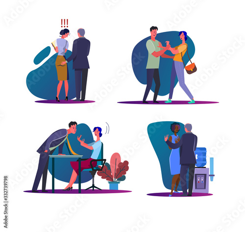 Harassment and abuse set. Male boss touching female employee, man assaulting on woman. Flat illustrations. Discrimination concept for banner, website design or landing web page