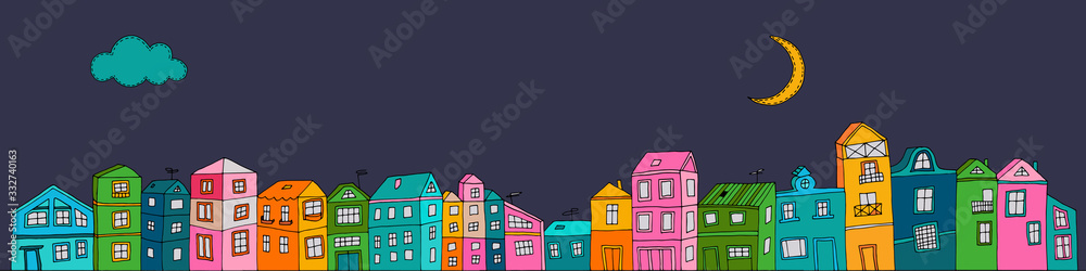 street city many small colorful buildings in the night, moon in the sky, vector sketch illustration street city many small colorful buildings in the night, moon in the sky, vector sketch illustration