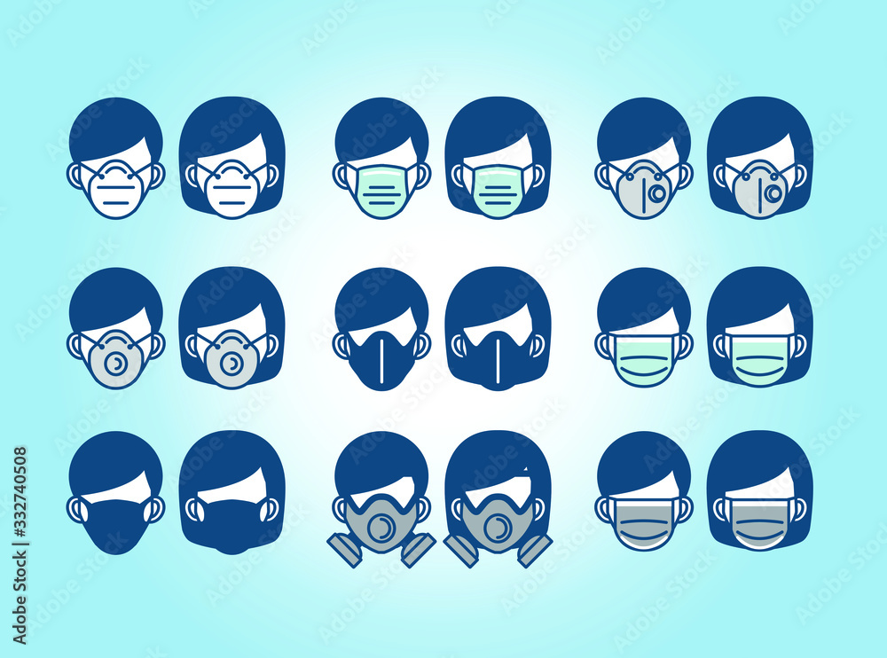 Set of Safety breathing mask on man and woman face vector have various ...
