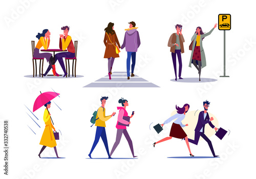 Dating couples set. Couple meeting in cafe, friends walking outside, colleagues running to office. Flat illustrations. Relationships concept for banner, website design or landing web page