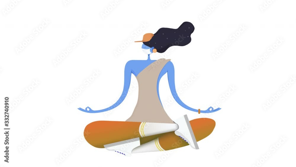Seamless loop.A girl in a protective mask, in quarantine, meditates in the lotus position. Staying home with self quarantine. Protect from viruses. Coronavirus Prevention. Pandemic. Epidemic. 