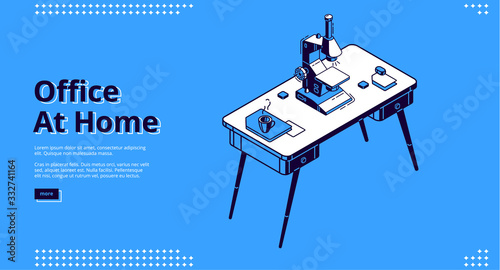 Office at home banner. Remote work concept. Vector landing page of home lab, distant science work with chemical or medical experiment with isometric illustration of microscope on desk