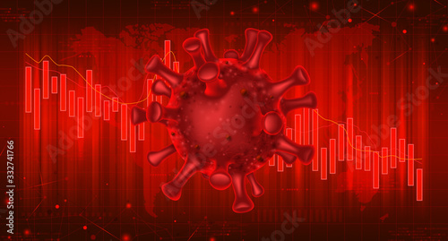 Coronavirus financial crisis vector banner concept. Background concept with falling stock charts and financial diagram. Vector illustration with 3d realistic microscopic Virus Covid 19-NCP.