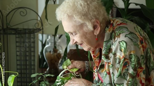 Senior woman is watering plants