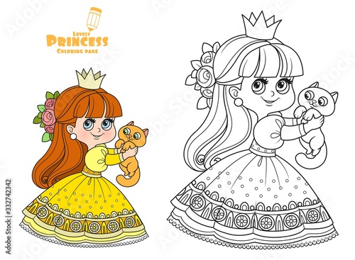 Little princess in yellow dress holds cute kitten in hands outlined and color for coloring book