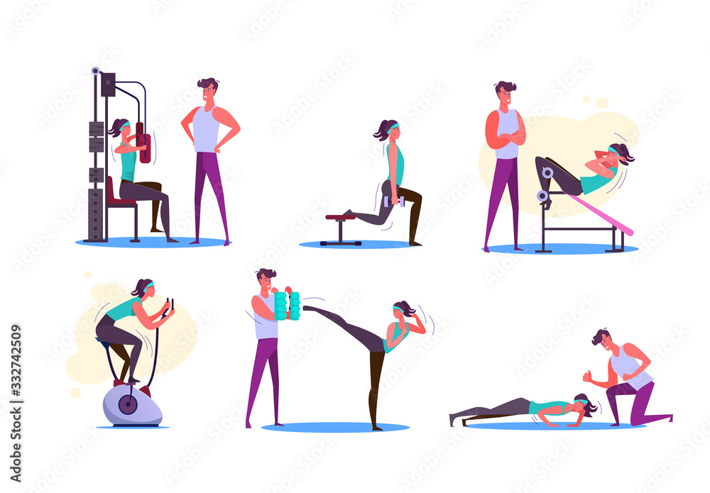 Set of couples exercising. Men and women doing sport in gym. Sport concept. illustration can be used for presentation, project, webpage Set of couples exercising. Men and women doing sport in gym. Sport concept. illustration can be used for presentation, project, webpage