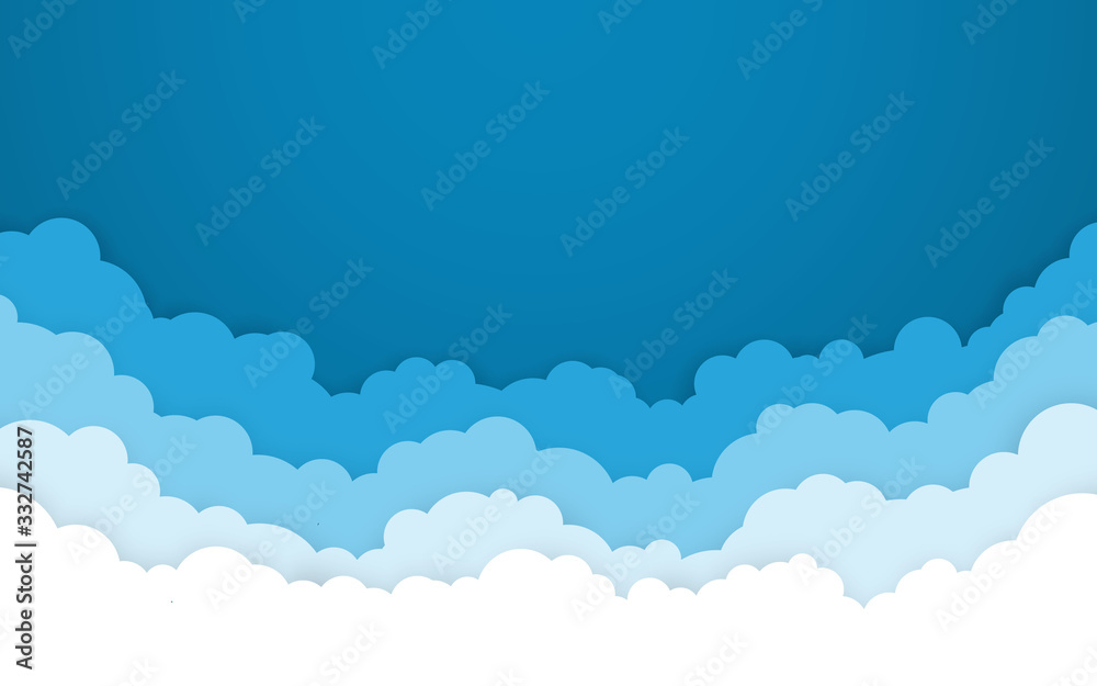 Blue sky with white clouds background. Cartoon flat style design. Vector illustration