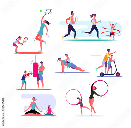 Fototapeta Naklejka Na Ścianę i Meble -  Set of families exercising. Parents and children doing different sports together. Healthy family concept. illustration can be used for presentation, project, webpage