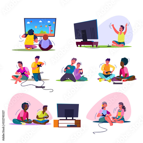 Excited video gamers set. Teenagers playing videogames, sitting at TV, using console, controller, gamepad, shouting. People concept. illustration posters, presentation slides, web design