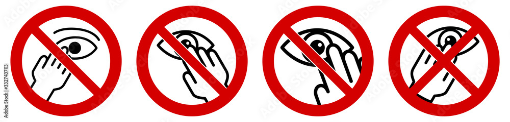 Don't touch your eyes icon, simple hand and eye sign in red crossed circle. Can be used during coronavirus covid-19 outbreak prevention - obrazy, fototapety, plakaty 