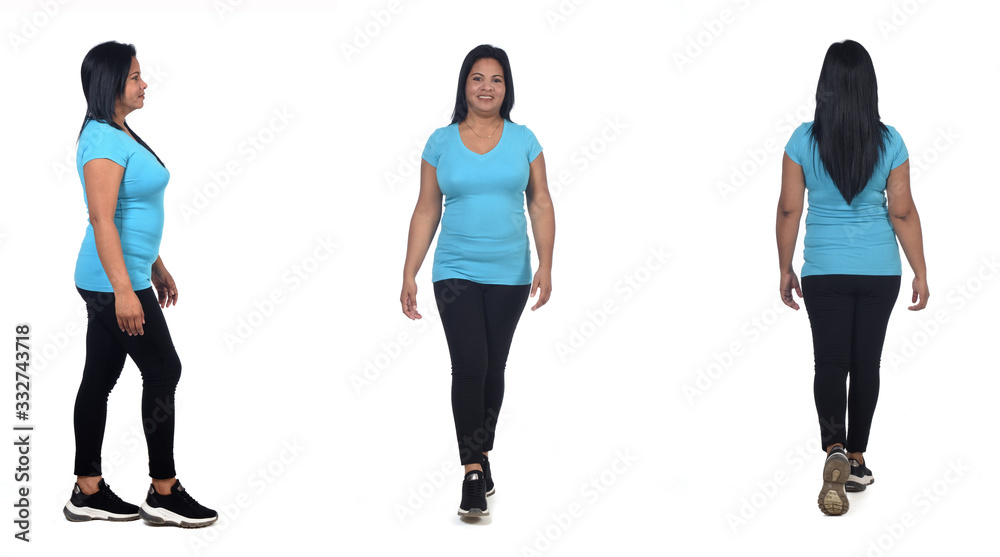 Fototapeta premium woman walking front back and profile on white