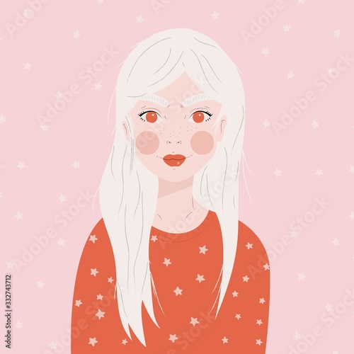 Portrait of a girl with long white hair, in red sweater, on pink background with white stars, flat vector illustration