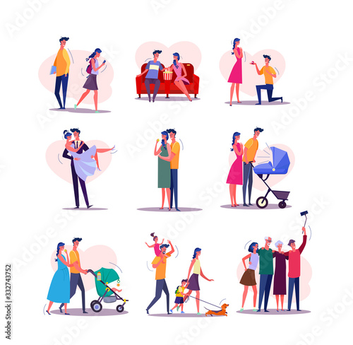 Family life cycle set. Man and woman dating, couple getting married, having baby, walking with children, getting old. People concept. illustration posters, presentation slides, web design