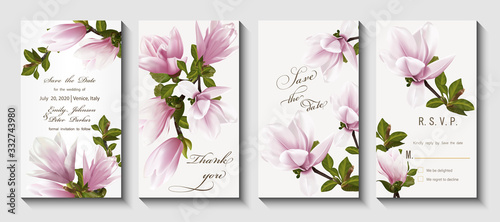 Wedding invitation with twig blooming Magnolia. Magnolia flowers, isolated on white. Vector illustration.