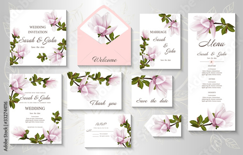 Wedding invitation with twig blooming Magnolia. Magnolia flowers,  isolated on white.  Vector illustration.