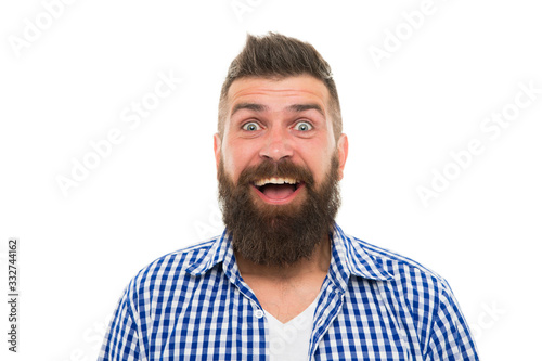 what a great surprise. happy after hairdresser salon. barbershop master. mustache from barber. Mature hipster with beard. trendsetter hipster with mustache isolated on white. mustachioed and bearded