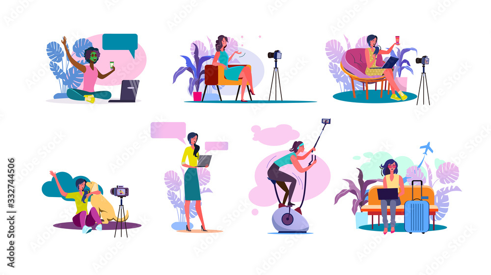 Video blogger set. Women posing and speaking for video camera on vacation, in gym, at home with laptop. Flat illustrations. Blogging concept for banner, website design or landing web page