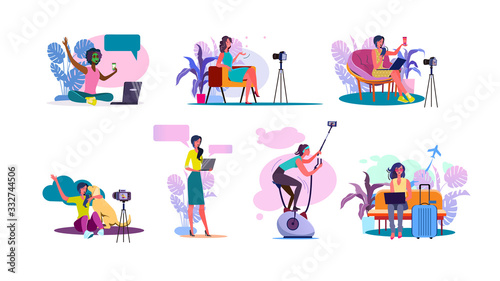 Video blogger set. Women posing and speaking for video camera on vacation  in gym  at home with laptop. Flat illustrations. Blogging concept for banner  website design or landing web page