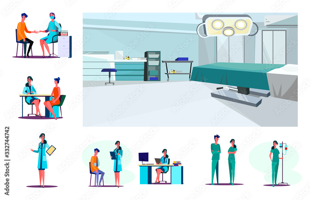 Obraz premium Set of confident lab worker, doctor and nurses. Flat illustrations of medical staff with patients. Health care concept for banner, website design or landing web page