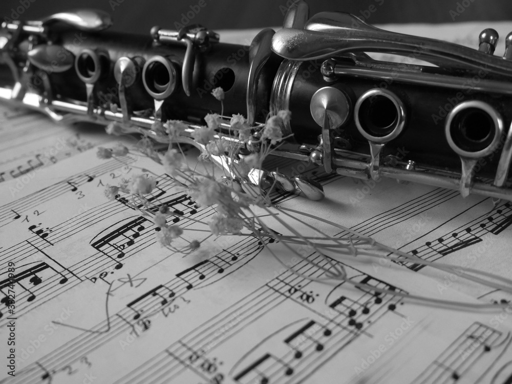 Obraz premium Close up of a clarinet music instrument and music notes . Black and white photo .