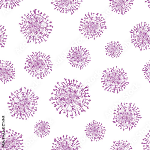 Coronavirus Bacteria Vector Seamless Pattern. Hand Drawn Covid 19 Sketches Background. Medical Epidemic Warning Corona Virus Wrapping, Card, Wallpaper or Cover Template © createvil