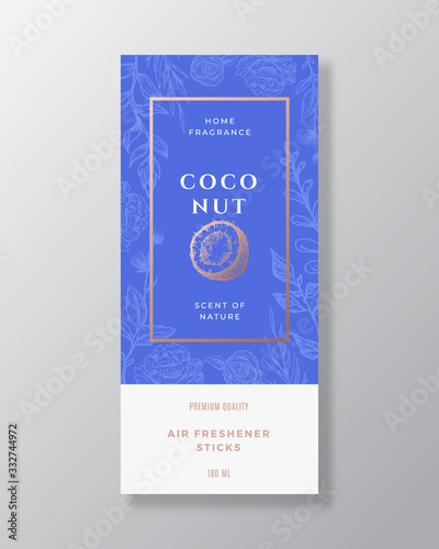 Coconut Home Fragrance Abstract Vector Label Template. Hand Drawn Sketch Nut, Flowers, Leaves Background and Retro Typography. Premium Room Perfume Packaging Design Layout. Realistic Mockup.