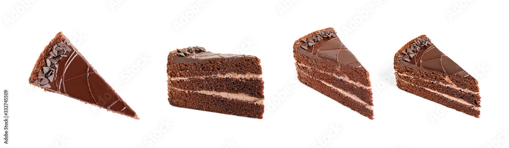 Set with different chocolate cake pieces on white background. Banner design Set with different chocolate cake pieces on white background. Banner design