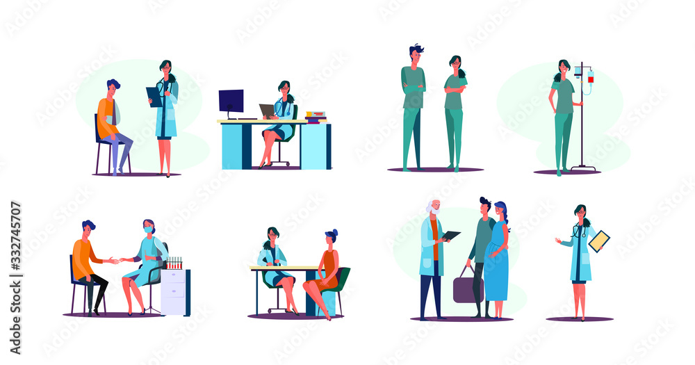 Medical occupation set. Doctors instructing patients, sitting at workplace in office, taking blood count in lab. People concept. illustration for topics like hospital, medicine, first aid