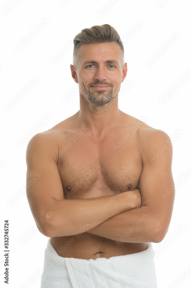 My morning shower routines. Keep body healthy. Male natural beauty. Man  attractive well groomed facial hair. Barber shop concept. Man mature good  looking model. Muscular chest smooth skin. Sexy torso Stock Photo