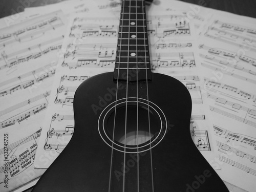 Music notes and ukulele . Concept of Music lovers. Black and white photo